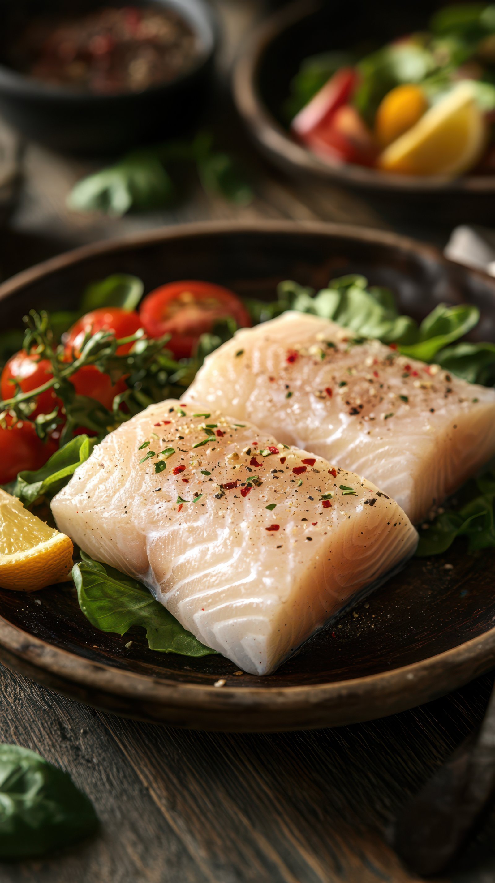 Fresh fish fillets with herbs and vegetables on a rustic wooden table ready for cooking
